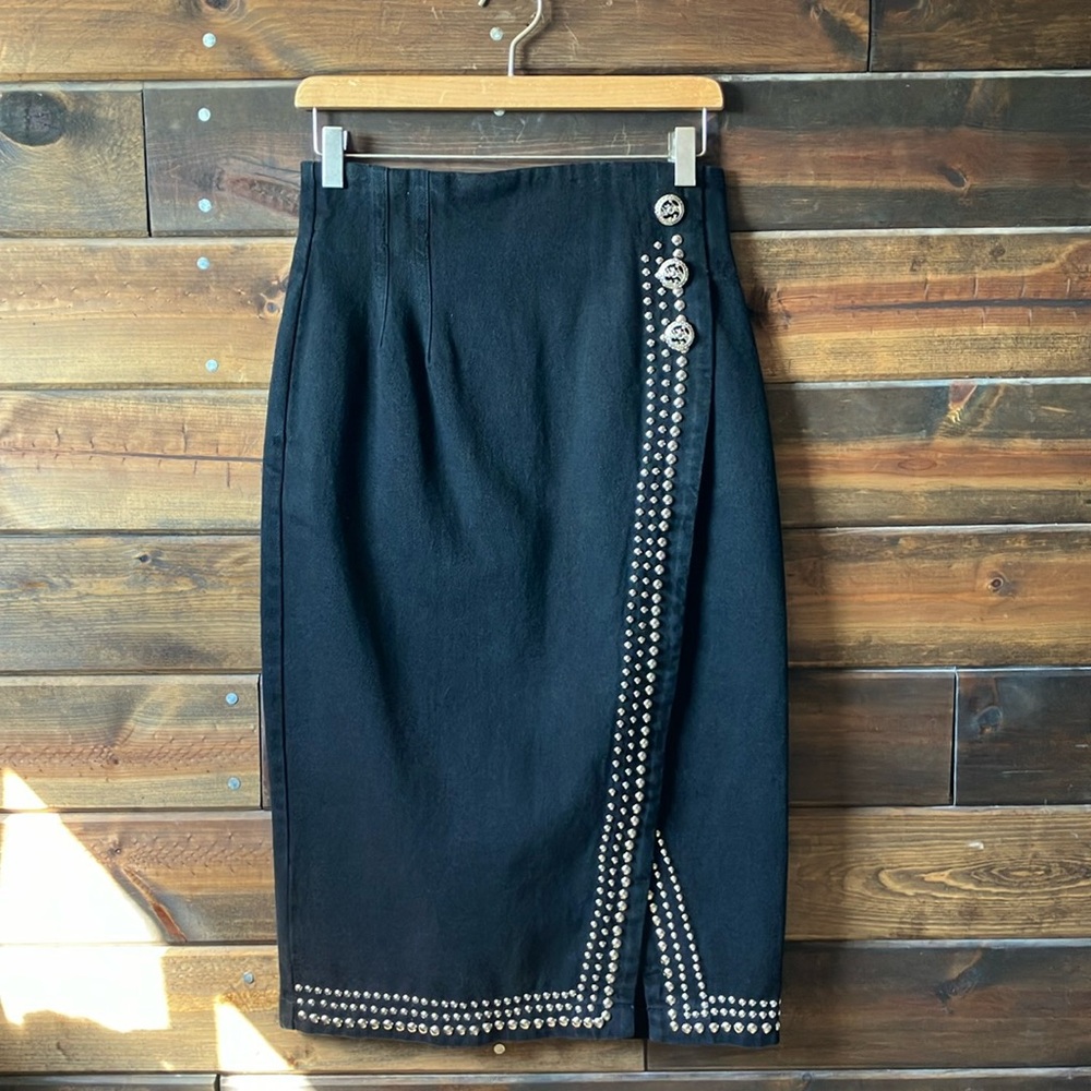 🖤FAVORITE🖤 Apache Studded Black Denim Pencil Midi Skirt